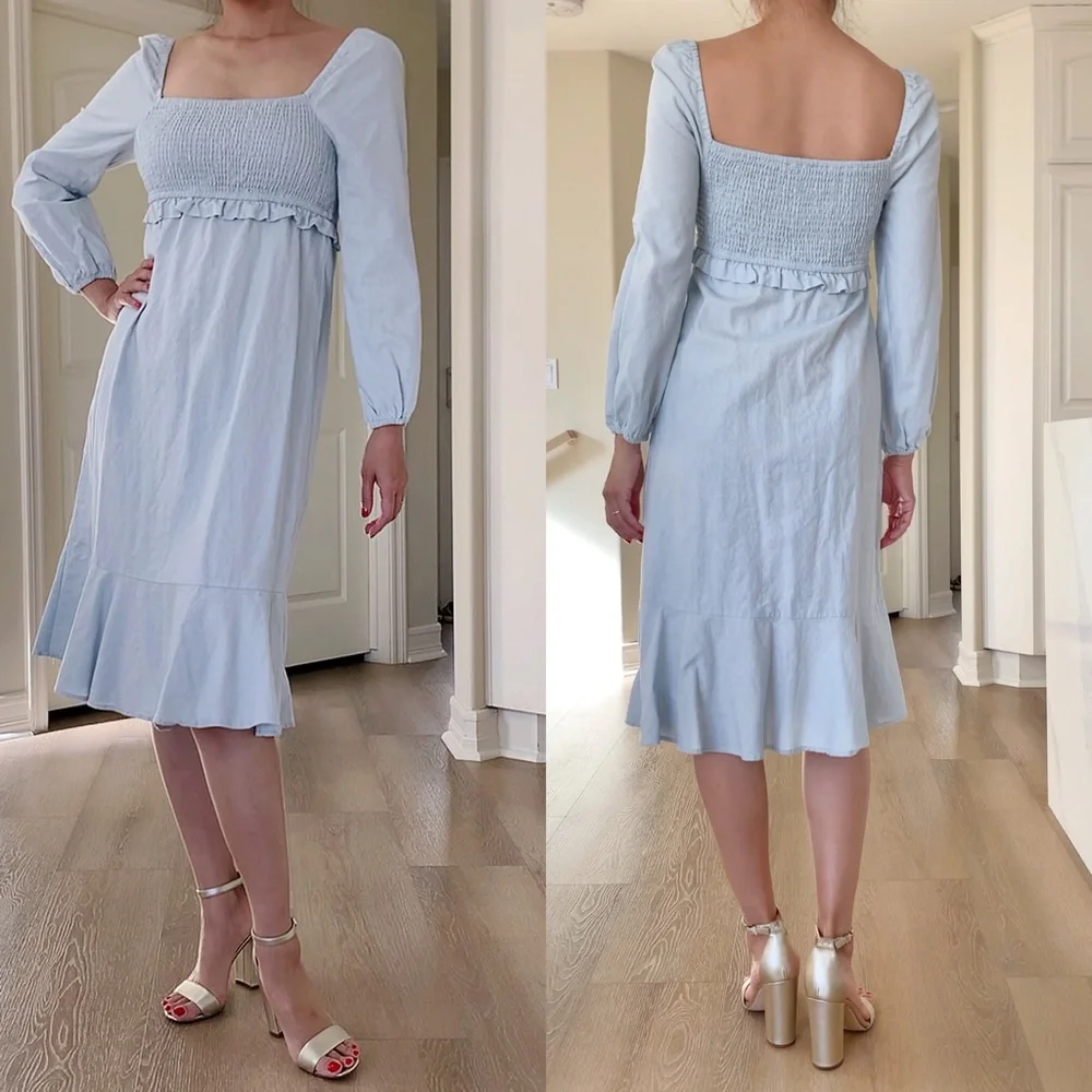 7 For All Mankind Baby Blue Linen Cotton Blend Long-sleeve Dress - Picture 3 of 6